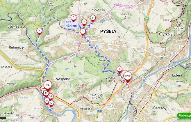 Mapa Pyšely Nespeky 12 km