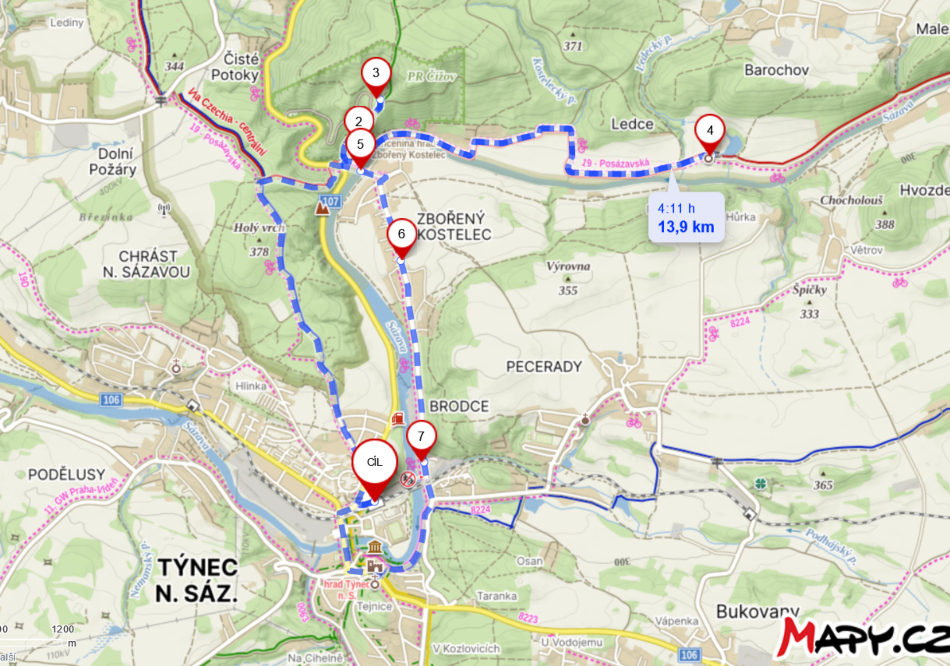 Mapa Týnec Zbořený Kostelec Ledce