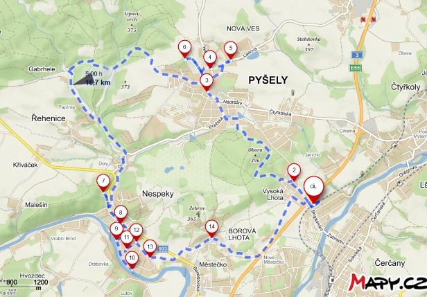 mapa Pyšely Nespeky 17km